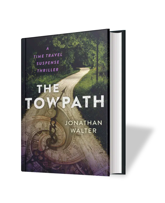 A paperback copy of THE TOWPATH, a Time Travel Suspense Thriller by Jonathan Walter.